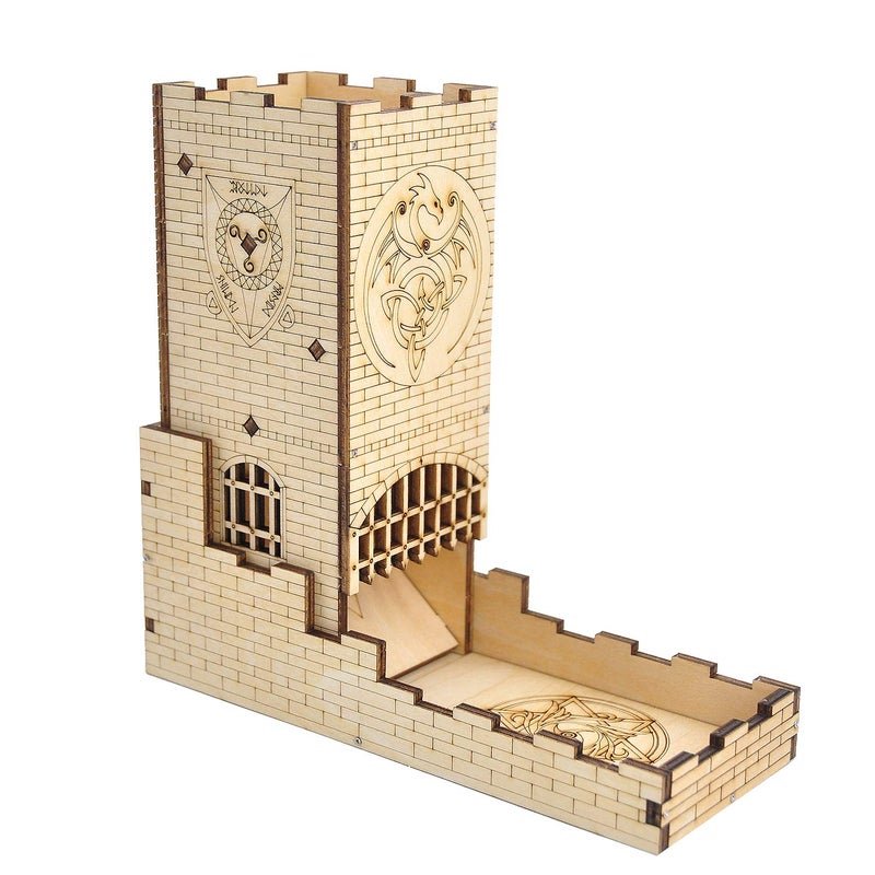 CZYY Castle Dice Tower with Tray Wood Laser Cut Dragon Carving Easy Roller Perfect for Board Game, D&D and RPG (Castle) - Image 1
